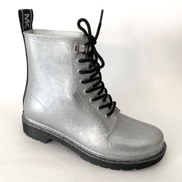 MICHAEL KORS Tavie Silver Logo Tape Lug Sole Lace-Up Rain Bootie Fashion Boots 8 - Picture 13 of 16